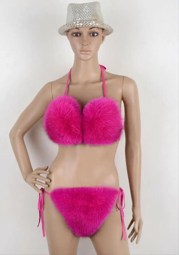 

China Factory Hot Sale Fluffy Women Fur Bra Ladies Summer Fashion Real Fox Fur Thong Bikini