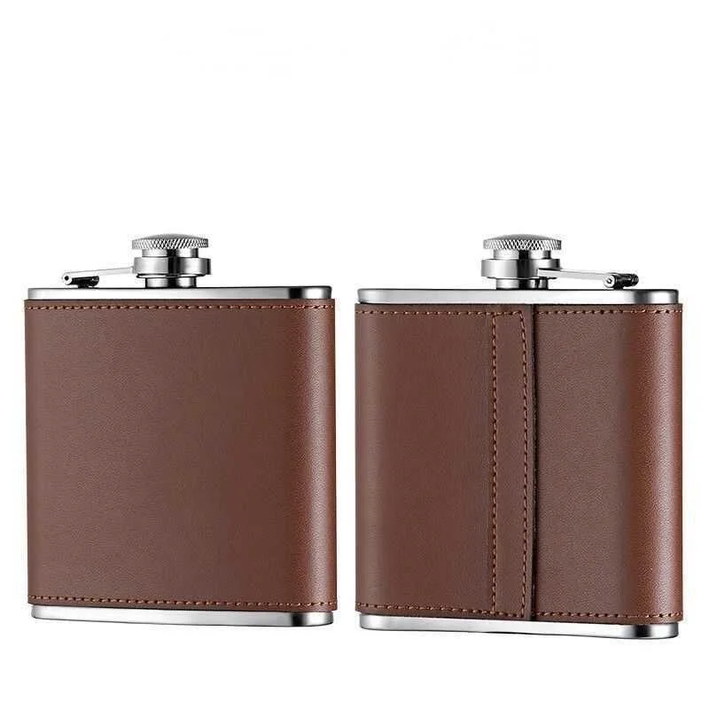 

Portable 304 Stainless Steel Hip Flask Outdoor Whiskey Pot Leather Covered Leak Proof Flagon 6oz 9oz Gift Sets For Father Lover
