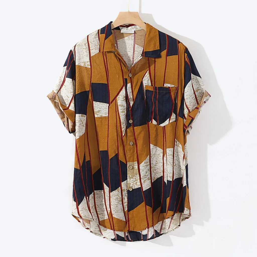 KANCOOLD Shirt Mens Fashion Colorful Chest Pocket Short Sleeve Turn Down Collar Loose Shirts Vintage Hip Hop Beach Blouse Jun15 | Мужская