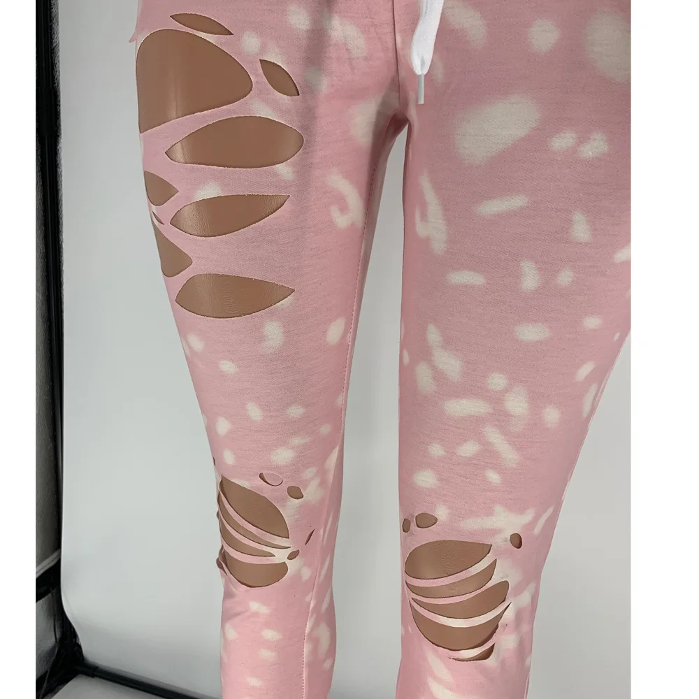 

Lounge wear Tie Dye Print Outfits for Women Sexy Distressed Long Sleeve Crop Top + Leggings Bodycon Two Piece Set Jogging Femme