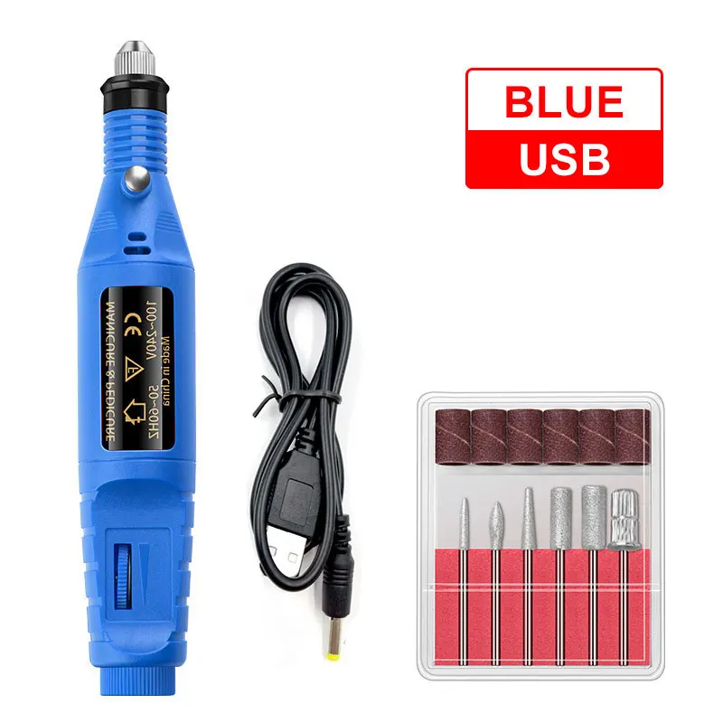 blue USB Профессиональный электрический набор для маникюра, маникюрный маникюр с полировкой, электрическая ручка для маникюра, Педикюр с 6 битами, инструменты для маникюра - Цвет: blue USB