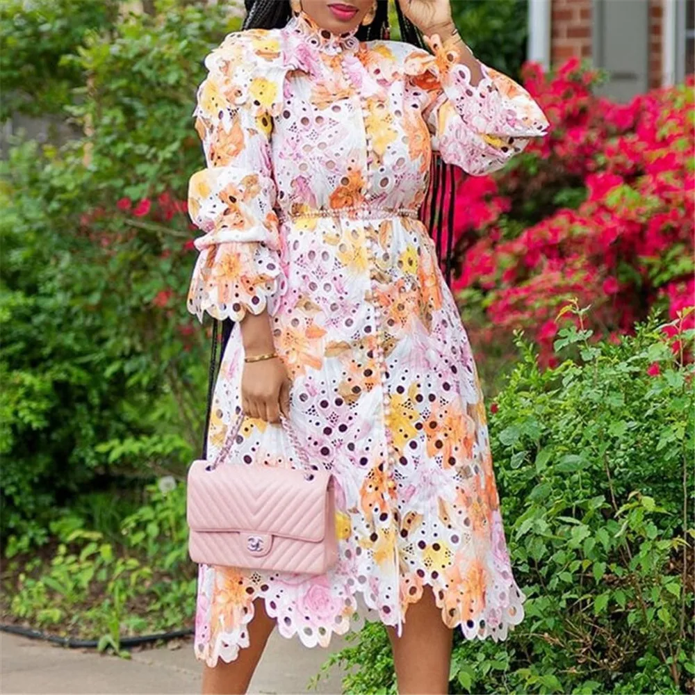 

Spring Fashion Stand-up Collar Lantern Long-sleeved High-waist Cardigan Printed Dress African Temperament Women's Clothing