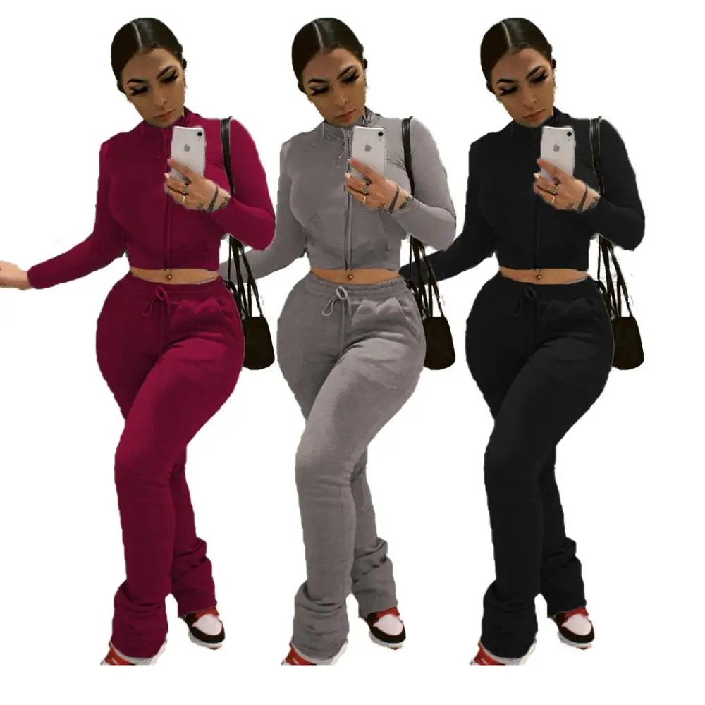 

Winter New Style Plus Cashmere Sweater Pocket Two-piece Women's Solid Color Zipper Top And Straight Pants Fashion Women's Suit