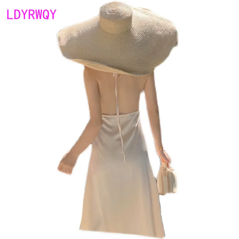 

LDYRWQY Temperament v-neck halterneck dress French halter waist waist Polyester Knee-Length Zipper Office Lady