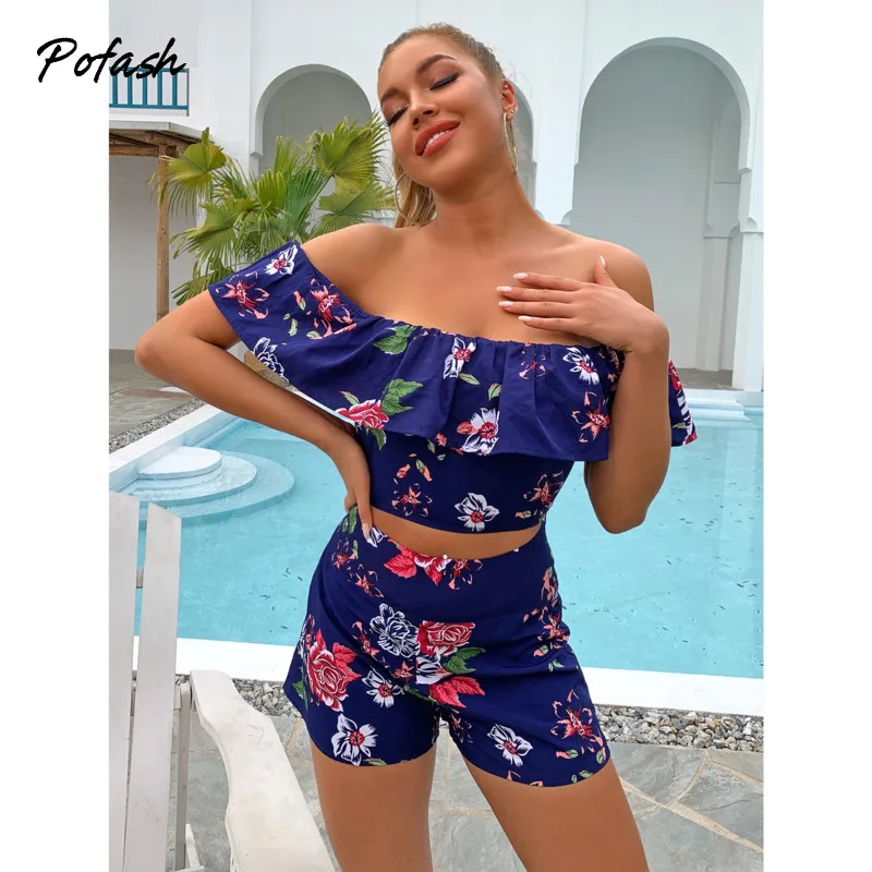 

Комплект из топа и шорт Pofash с открытыми плечами, женская одежда Y2k, синий комплект из двух предметов с принтом, сексуальный летний комплект и...