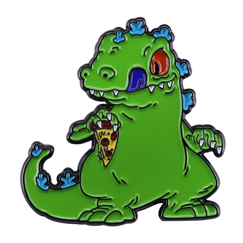 Динозавр ест пиццу значок Funy животное еда милая зеленая тираннозавр