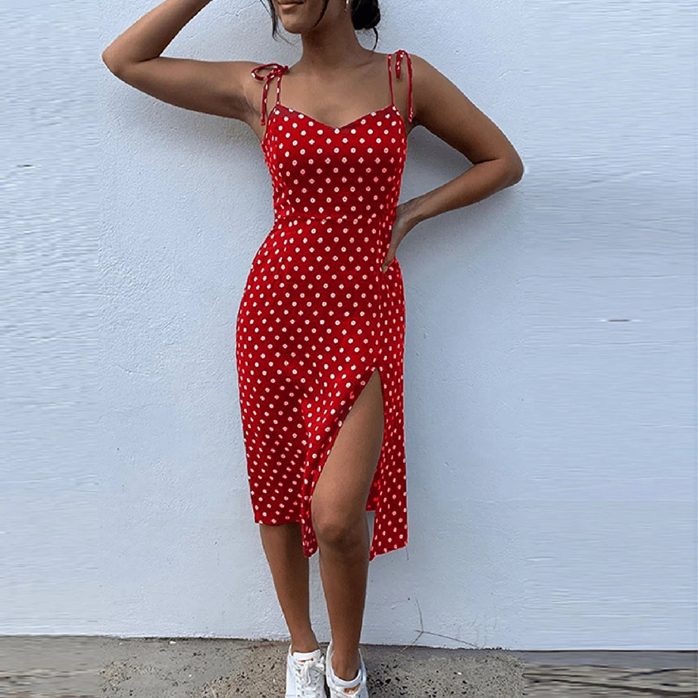Women Sexy Spaghetti Strap Lace Up Polka Dot Split Hem Backless Summer Dress | Женская одежда