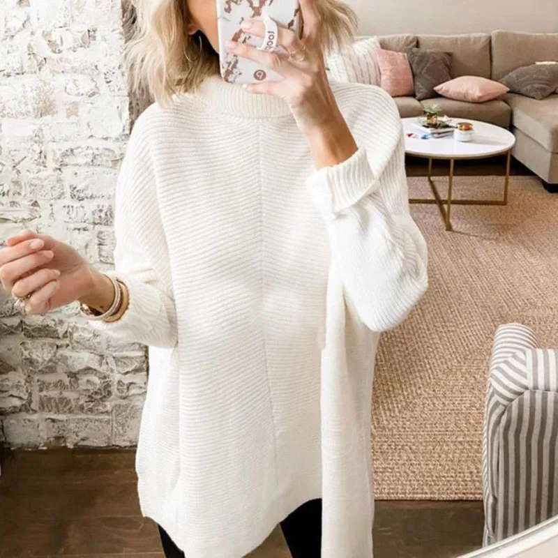 

Womens Sweater Turtleneck Long Bat Wing Sleeves Tops Asymmetric Hem Knit Shirt for Daily Fall Winter Striped/Solid A66