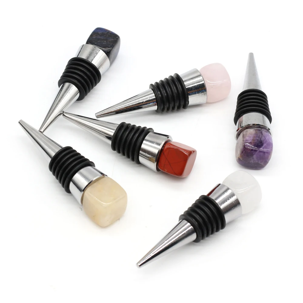 

New Natural Stone Square Wine Stopper Stainless Steel Silicone Bottom Inlaid With Gemstone Stopper for Decorating Wine Bottles