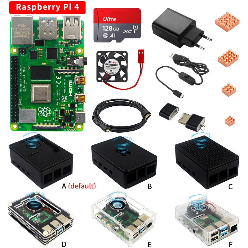 

Плата ОЗУ Raspberry Pi 4 Model B 2/4/8 ГБ + карта + ридер + радиаторы + вентилятор охлаждения + видеокабель + блок питания для RPI 4B