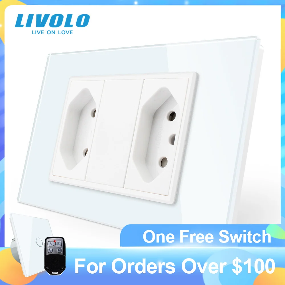  Livolo Brazilian/Italian Standard 2gangs 3 Pins 10A Socket, Glass panel Without Plug,  C9C2CBR1-11/12,no logo 