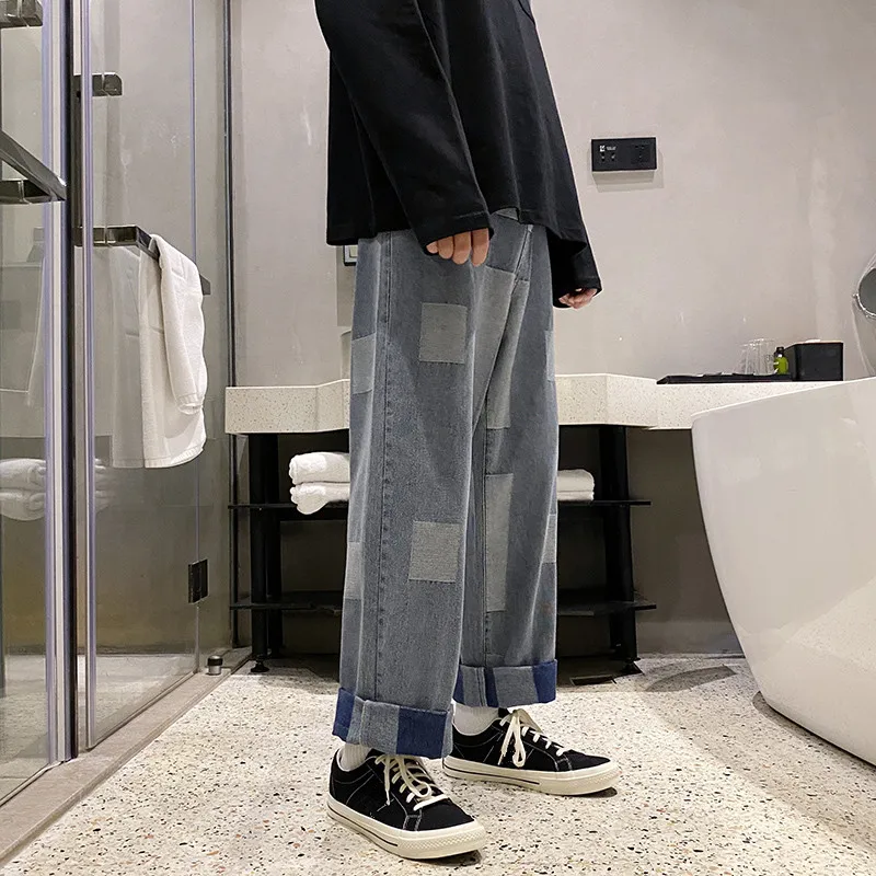 

Для мужчин Прямые джинсы в стиле пэчворк свободные уличная Хай-стрит, носки в стиле хип-хоп, мужские мешковатые джинсовые штаны удивительна...