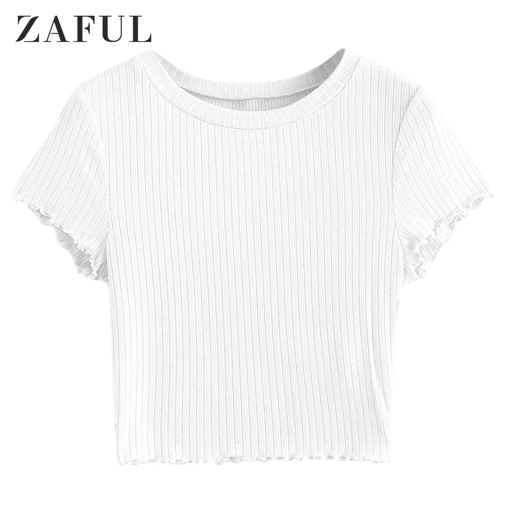 ZAFUL Ribbed Lettuce Trim Knit Cropped Tee For Women Round Neck Short Sleeve Solid Color Tops Autumn Spring 2019 | Женская одежда