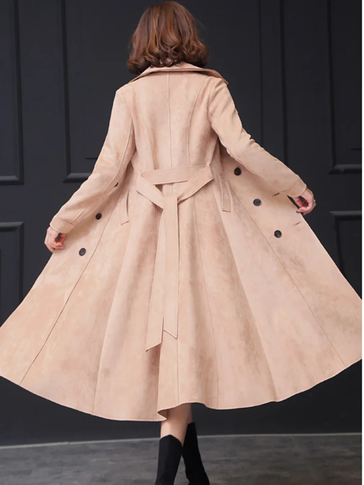 Розовый плюс бархатный плащ Тонкий двубортный пояс Европейский Американский