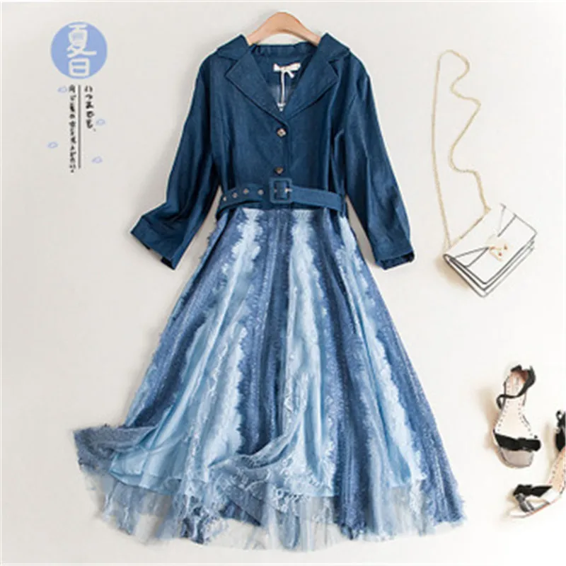 Элегантное летнее женское платье из Tencel джинсовое сшитое Сетчатое кружевное для