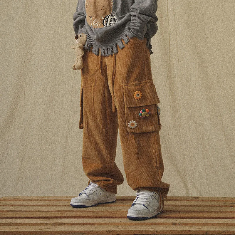 GODLIKEU Japanese Streetwear Corduroy Pants Male Vintage Brown Cargo Pockets Oversized Korean Wide Leg Hip Hop Trousers