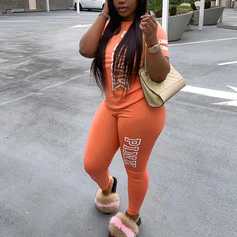 

2022 Women New Spring Pink Letter Print Short Sleeve T-Shirt Long Pants Suit Casual Two Piece Sets Sport Street Tracksuit Outfit