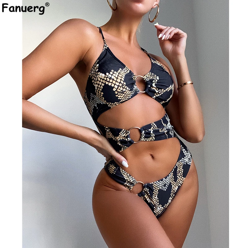 

Fanuerg Women Sexy Circle Ring Front Cutout One Piece Swimsuit Swimwear Femme Retro Printed High Cut Cut Out Bathing Suits 2021