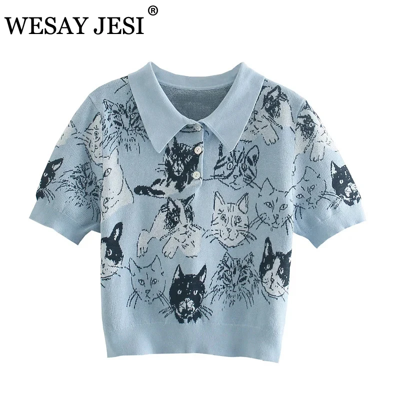 

WESAY JESI Women Clothes Sweater TRAF ZA Cute Cartoon Cat Embroidery Short Sweater Short Sleeve Lapel Casual Chic Pullover Top