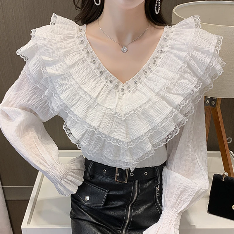 

Женская шифоновая блузка с оборками, с длинным рукавом и бусинами, модель F215 на осень, 2022