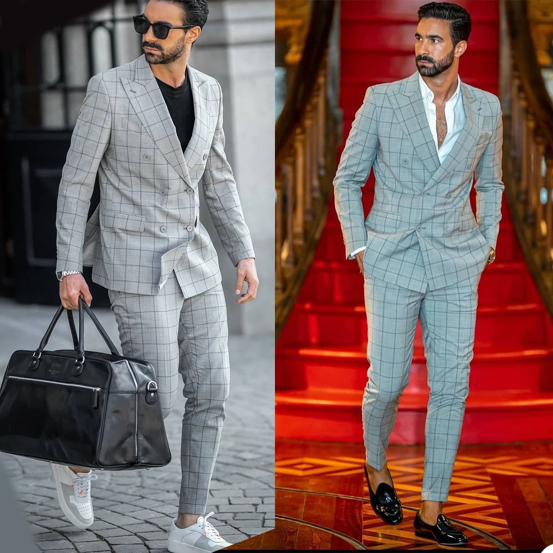 

Vintage Plaid Checked Peaked Lapel Men's Suits For Wedding Prom Party Gowns Slim Fit Jacket+Pants Tweed Tuxedos Blazer 2021