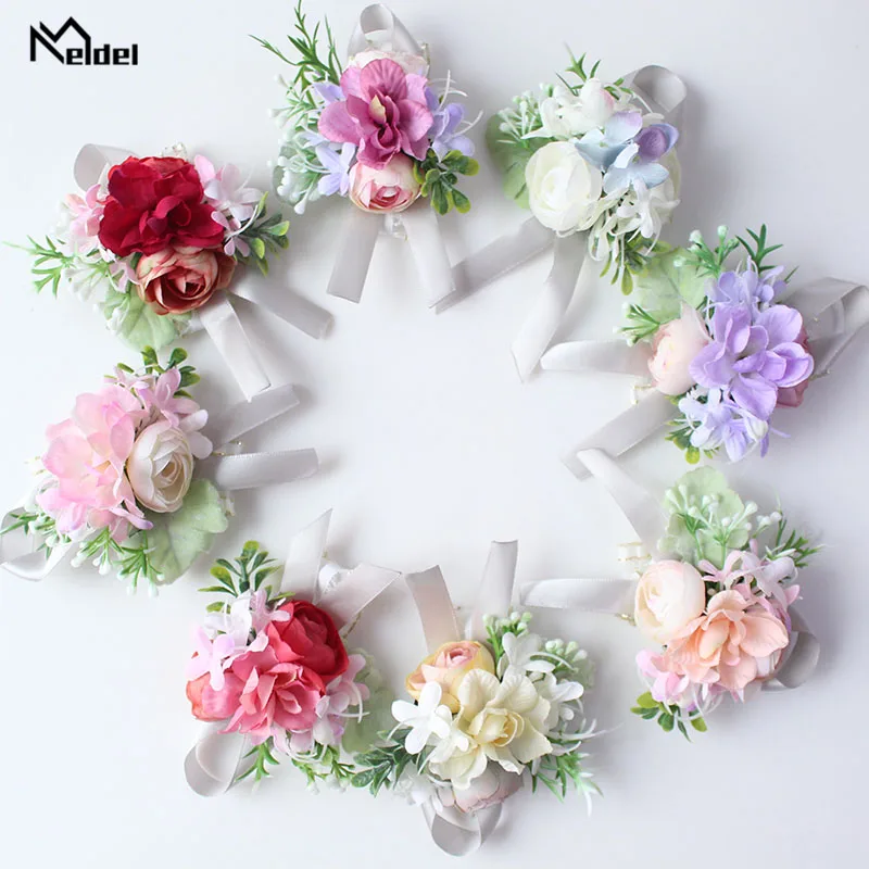Meldel Wedding Wrist Corsage Groom Boutonnieres Quality Bridal Flower Girl Bracelet Men White Boutonniere |