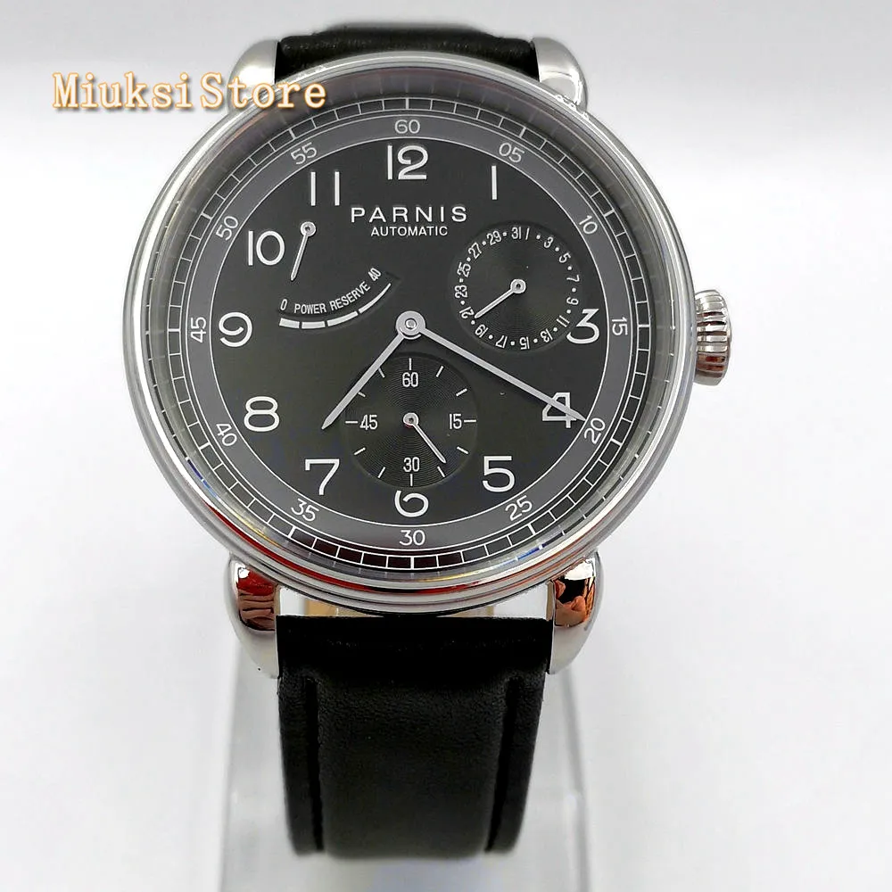 Новые Парнис 42 мм Серебристый футляр для часов Дата Кожаный автоматический