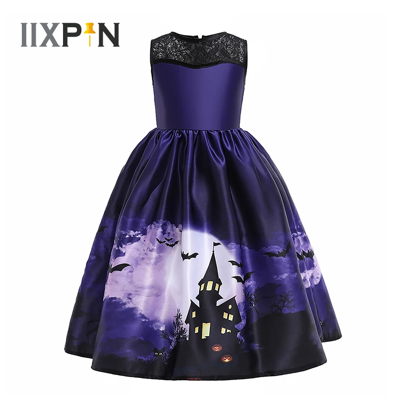 

Kids Girls Halloween Costume Dress Vintage Pumpkin Print Lace Patchwork Satin Princess Dress Halloween Evening Party Prom Dress