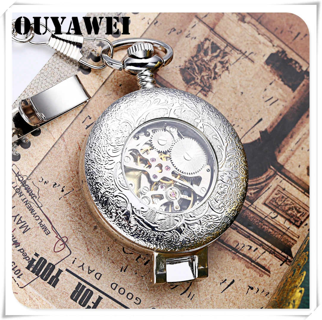 

OUYAWEI Stainless Steel Men Fashion Casual Pocket Watch ANALOG Skeleton Dial Silver Hand Wind Mechanical Male Fob Chain Watches