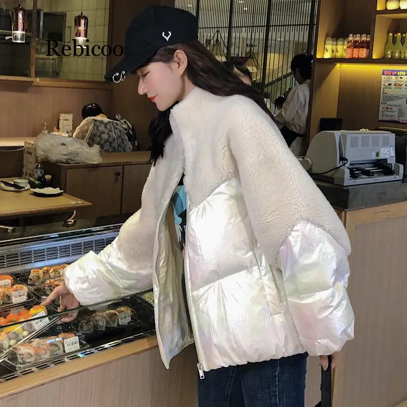

Women Winter Coat 2019 Lamb Hair Short Down Jacket Loose Slim Fur Patchwork Glossy Cotton Coat