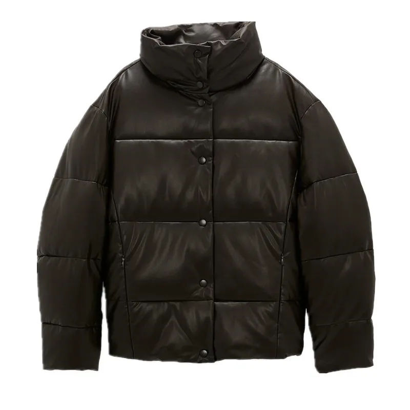 

Spring 2021 New Women's Faux Leather Cotton Jacket Outwear Female Parka Thick Cotton Padded Female Basic Coats Overalls