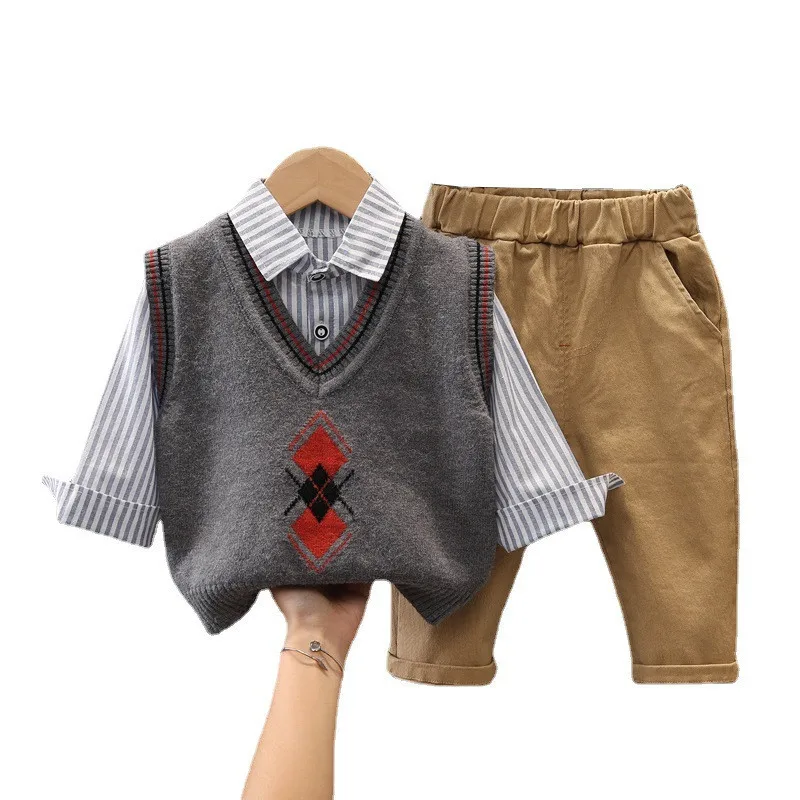

Новинка, детская модная одежда, весна-осень, жилет для маленьких мальчиков, брюки-рубашка, 3 шт./компл., Детская Хлопковая повседневная спортивная одежда для младенцев