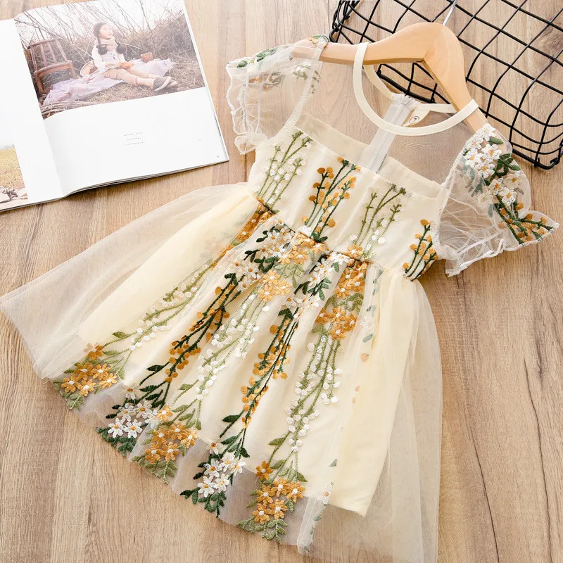 

Elegant Girl Dress 2021 Summer New kids Flower Embroidered Lace Mesh Princess Vestidos 3-7Years Children Clothing Party Dress