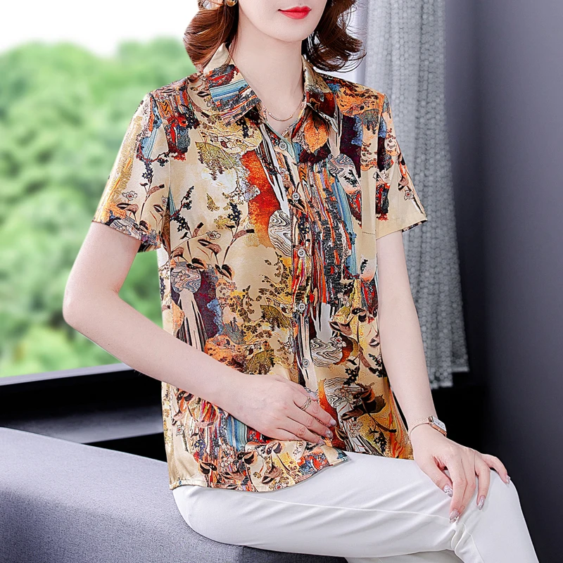 

COIGARSAM Shirt Womens Tops Summer 2021 Short Sleeve Silk Straight Design And Color Women Shirts