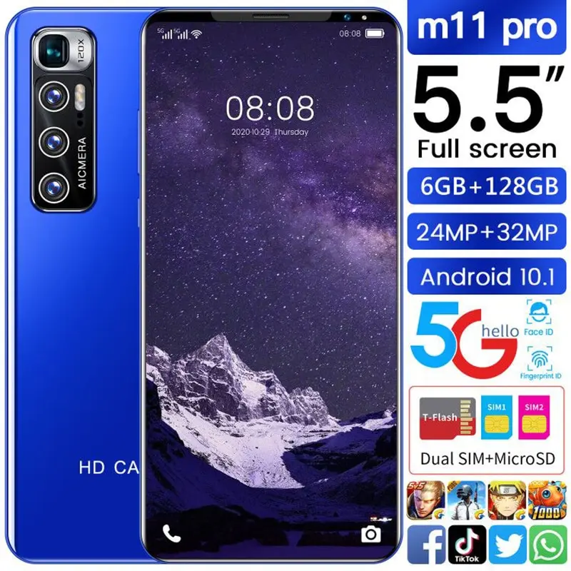 

M11 Pro 5.5 Inch 24+32mp Andriod 10.1 Deca Core Cell Phone Fingerprint Unlock 5600mah Smartphone Mtk6889
