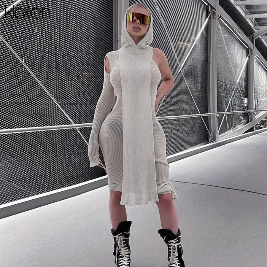 

Модное повседневное пикантное Прозрачное платье KLALIEN с капюшоном для женщин, Осеннее Новое уличное облегающее эластичное мини-платье Y2K