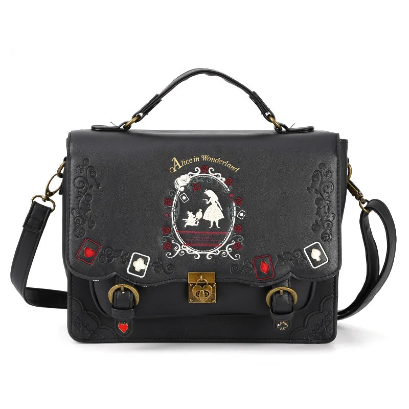 

Alice In Wonderland Shoulder Bags Vintage Student Schoolbag Playing Cards Silhouette Handbag Leather Bag Girl Backpack BM068