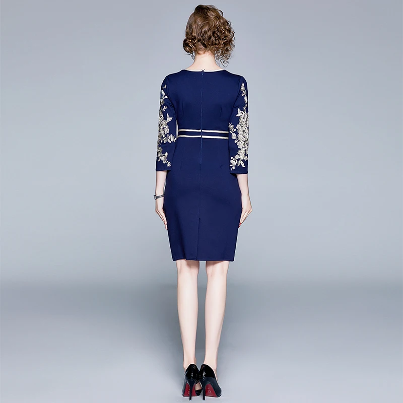 

Chic Embroidery Mini Dresses Woman Office Lady Bow Three Quarters Sleeve Vintage Dresses Elegant Fashion O Neck Women Clothes