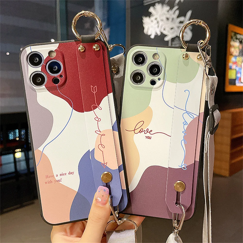 

Splicing wrist strap Phone Case For iPhone 13 12 mini 11 Pro X Xs Max XR 6 6s 7 8 Plus Holder Stand Lanyard Cord Strap Cover