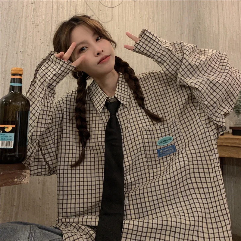 

Plaid Long Sleeve Shirt Korean Style Loose BF
