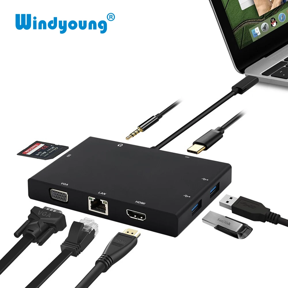 Кабель с разъемом USB типа C 3 1 концентратор HDMI 4K VGA RJ45 Ethernet 0 SD Card Reader 5 мм аудио PD