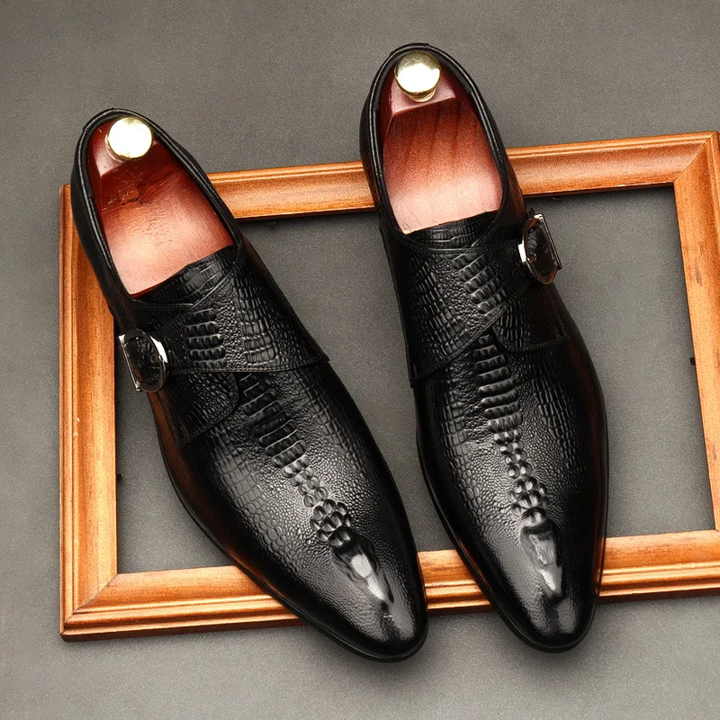 

2021 Hot Sale Men's Business Formal Leather Shoes Male British Crocodile Pattern Buckle Wedding Monk Shoes Wine Red