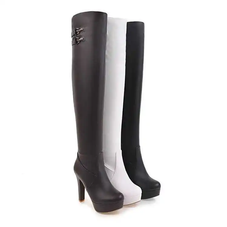 

Winter new knee boots women's super high heel waterproof platform large zipper thick heel round head Knee Boots