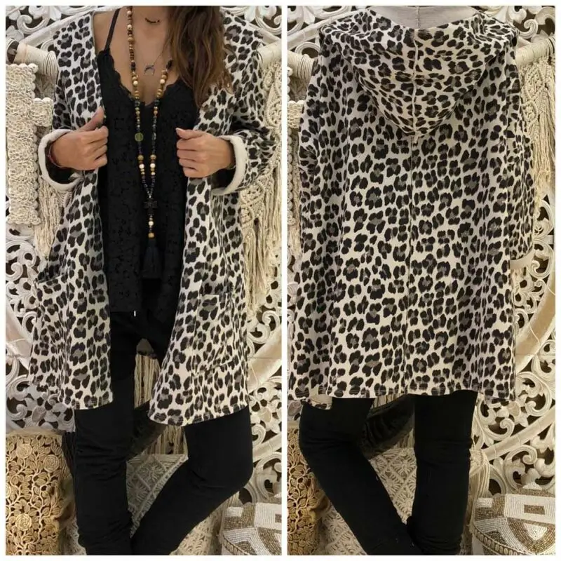 

Womens Fashion Leopard Hooded Long Coat Jacket Ladie Autumn Winter Cardigan Kimono Jacket Hoodies Outwear