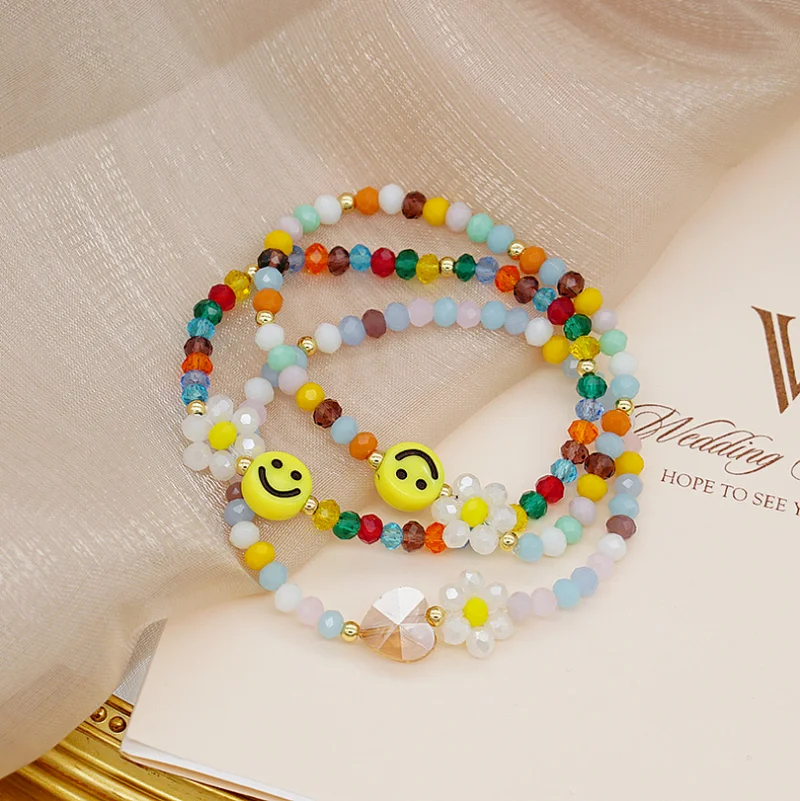 

1 PC Handmade 5mm Glass Crystal Beaded Stretch Elastic Bracelet Flower Smile Heart Acrylic Friendship Adjustable Women Bracelet