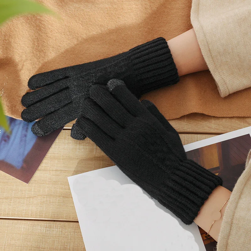 Женские зимние вязаные перчатки с сенсорным экраном толстые теплые варежки для