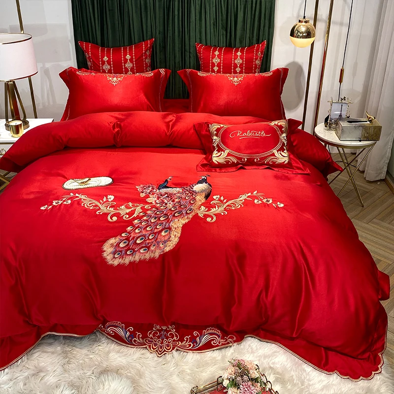 

Duvet Cover Red Wedding Silk Bed Sheet Four-piece Cotton Peacock Embroidered Quilt Cover Cotton European-style Simple Bedding