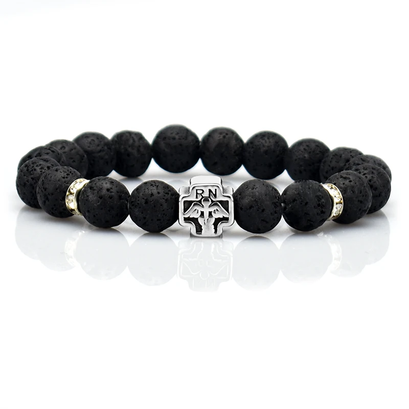Браслет унисекс из натуральной лавы и бусин браслет нержавеющей стали RN Caduceus Cross
