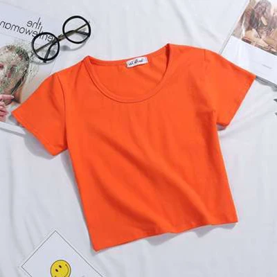 O-Orange Повседневные однотонные Короткие топы с буквенным принтом, женские модные тонкие футболки с коротким рукавом, летние женские модные простые футболки с графикой, Новинка - Цвет: O-Orange
