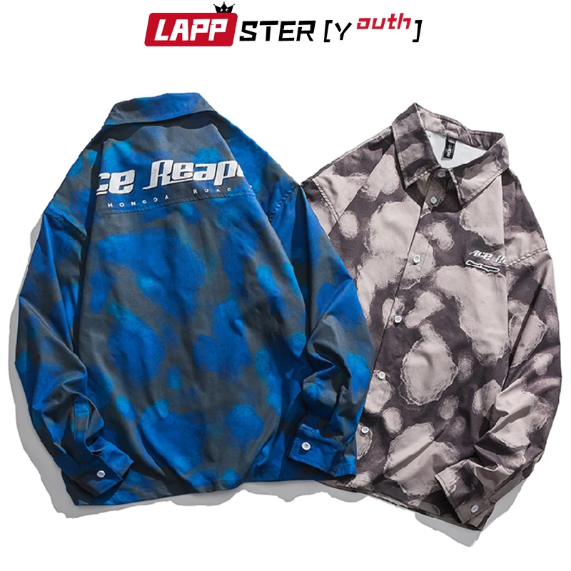 

LAPPSTER-Youth Men Tie Dye Vintage Harajuku Shirts 2022 Mens Hawaiian Korean Fashion Oversized Shirt Male Baggy Streetwear Shirt